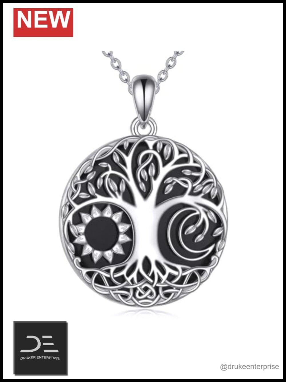 Tree of Life Necklace S925 Sterling Silver Moon Pendant Onyx Necklace